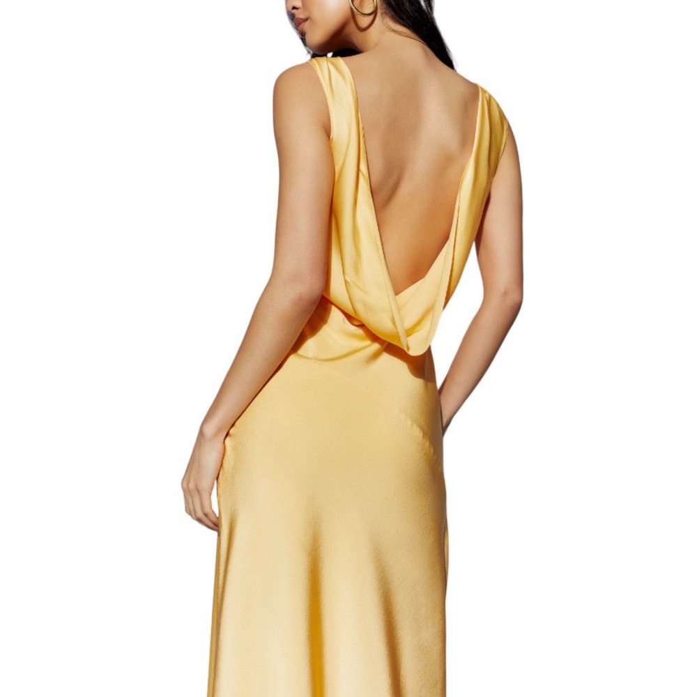 MESHKI Nadia Lemon Yellow Open Back Satin Silky Dress Gown Women Medium M